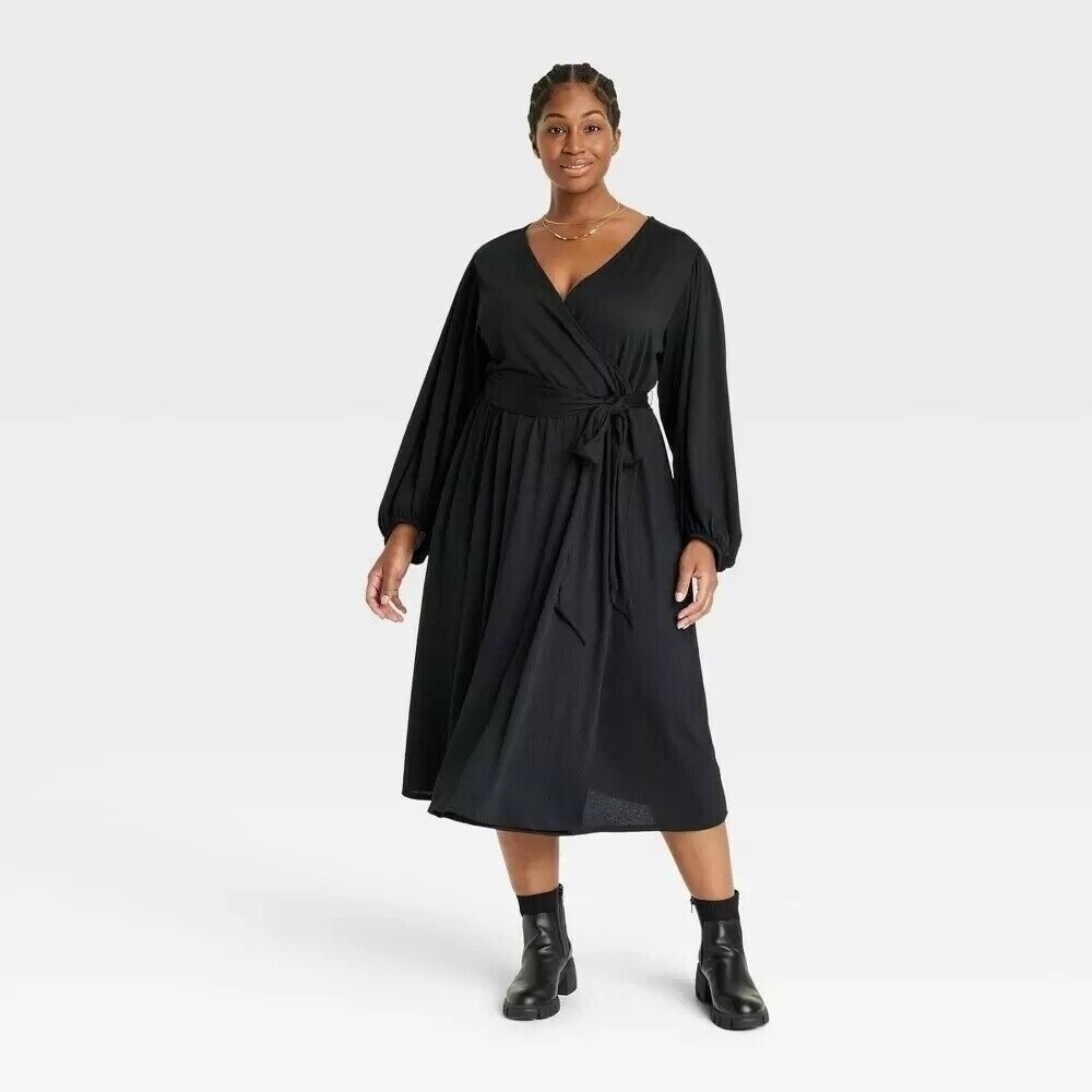 Ava & Viv Plus Balloon Long Sleeve Wrap Dress - Black - 3X - NEW